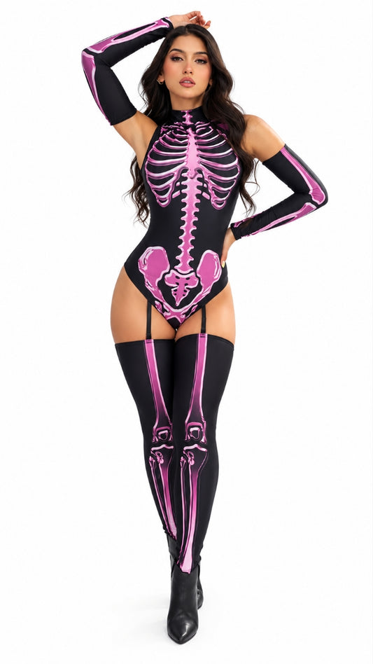DISFRAZ SEXY HONEY BONES CON DISEÑO DE ESQUELETO ROSA NEÓN