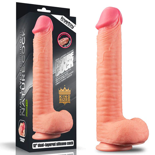 Dildo realista de silicona Lovetoy 30,5 cm con doble capa y ventosa potente