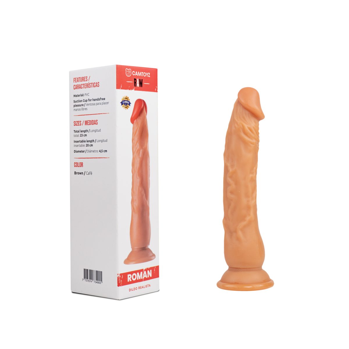 Dildo Realista Roman de 23 cm en Silicona Café con Ventosa