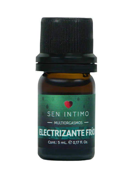 frasco del producto electrizante mulriogasmo frio de sen intimo , en frsco de vidrio con etiqueda verde y tapa negra