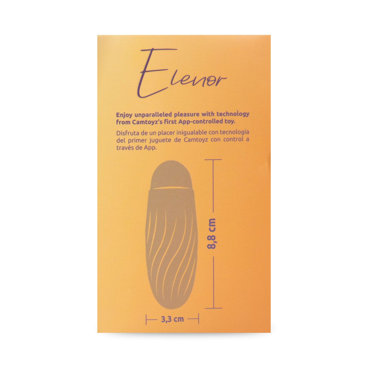 Caja del Huevo vibrador Elenor Majestic Rosado con detalles de la marca Camtoyz, emblema de garantía de 2 años y destacados de control por app. La caja tiene un diseño elegante en tonos púrpura y dorado con la imagen del producto al frente.
