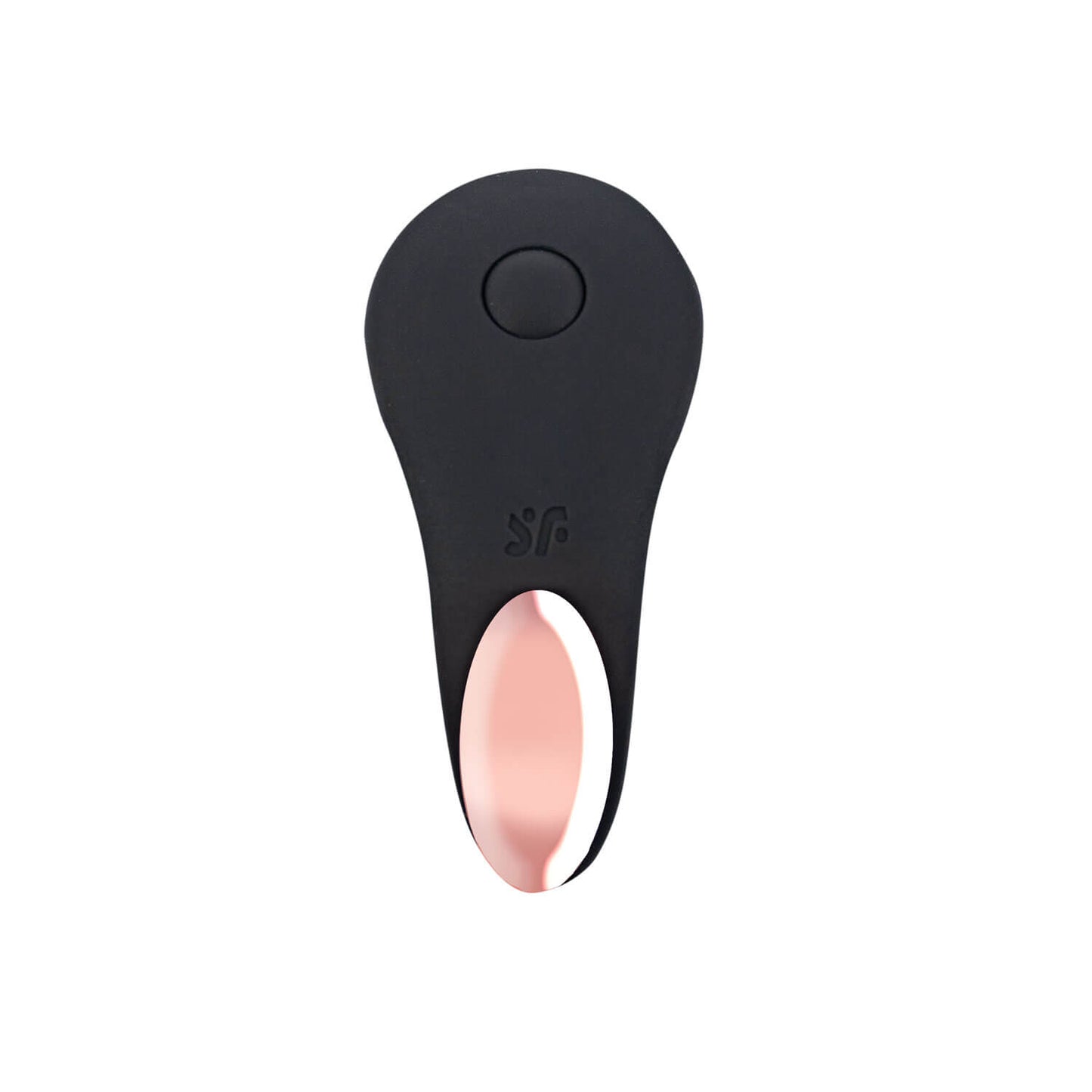 Vista frontal del Satisfyer Little Secret, evidenciando su forma que se adapta para una estimulación clitoridiana eficaz y su acabado en color negro con detalles en cobre.