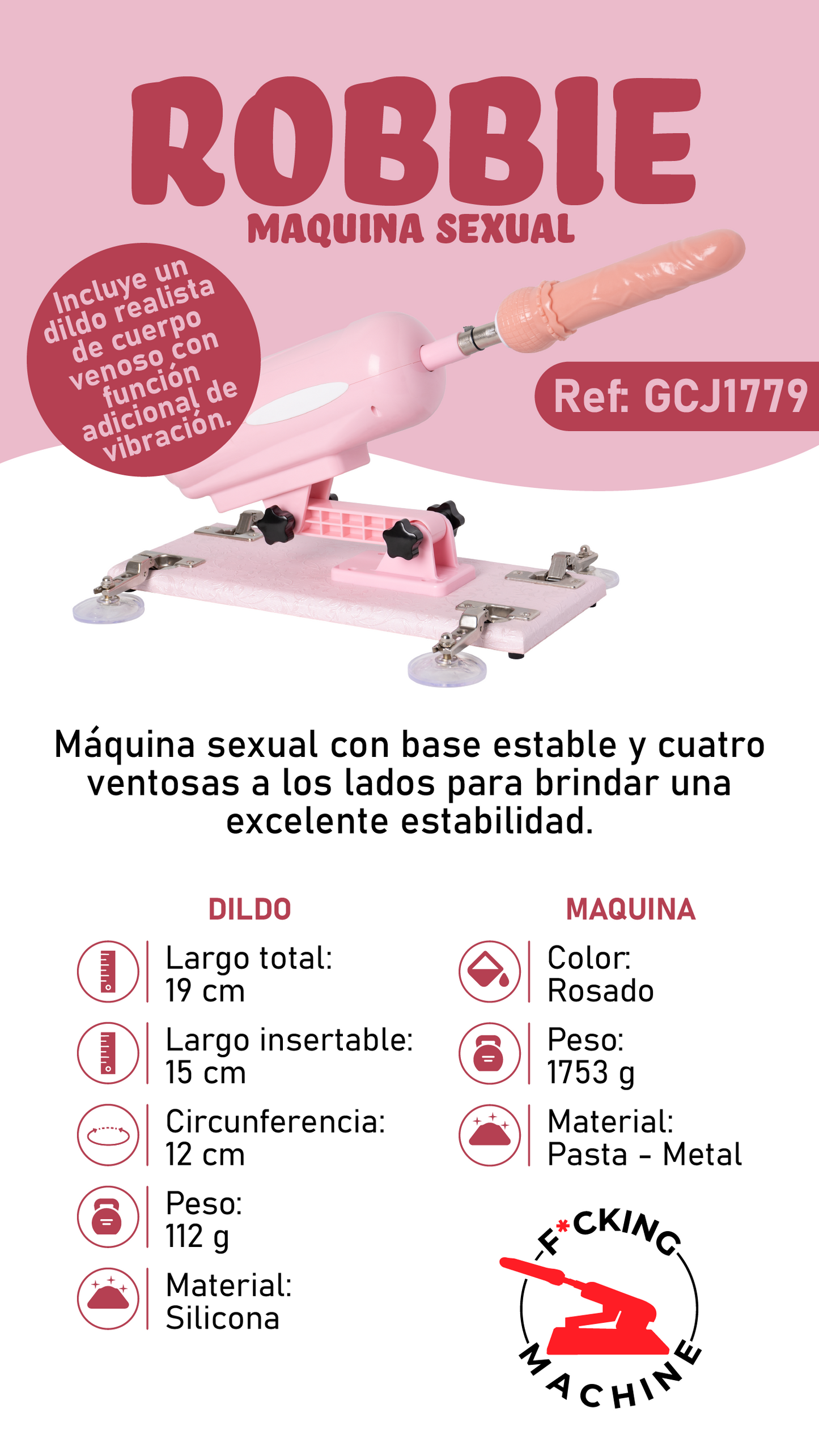 ROBBIE MÁQUINA SEXUAL ROSADA CON DILDO REALISTA DE 20 CM