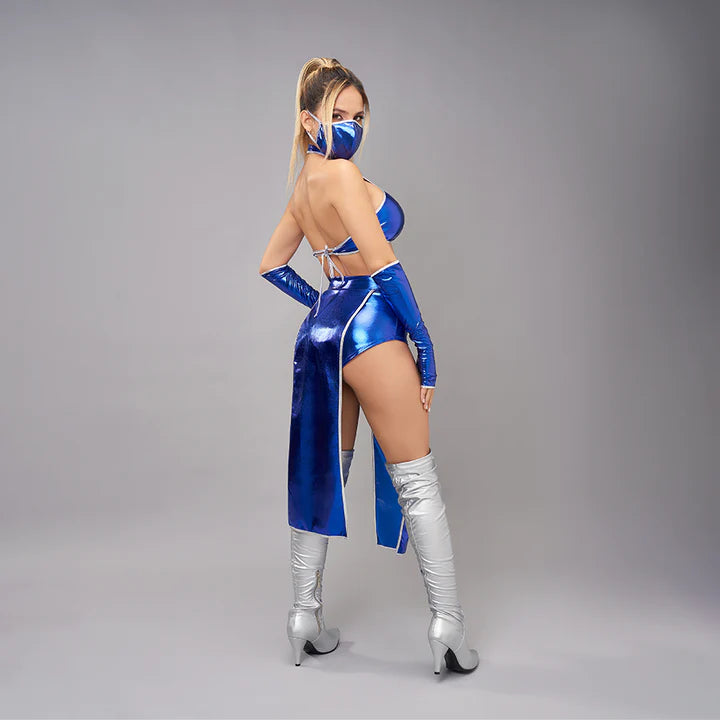 Vista trasera del disfraz Kitana en color azul metálico con detalles brillantes y diseño ajustado.