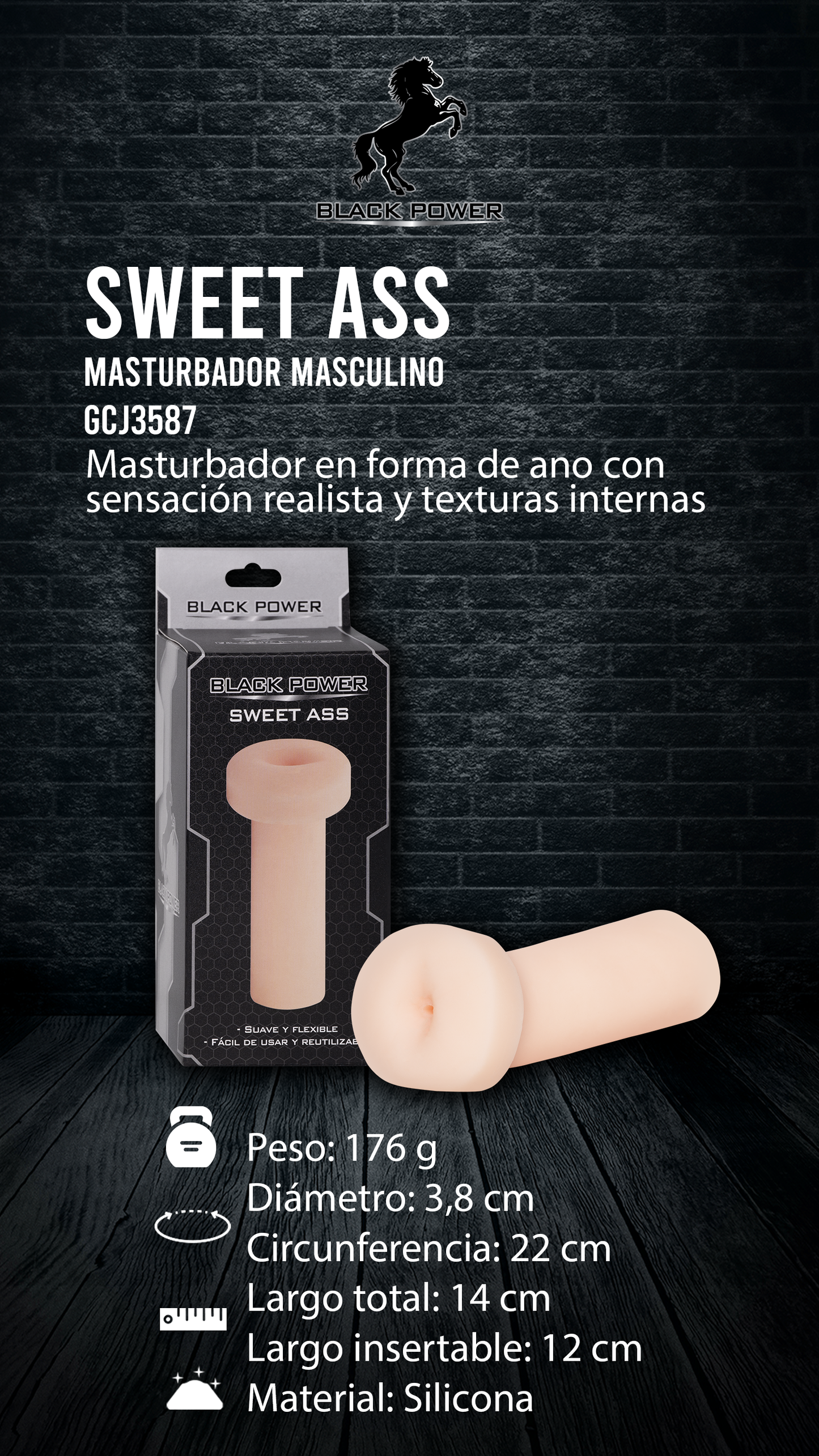 Imagen promocional del Sweet Ass, mostrando sus características como tamaño, peso y material realista.