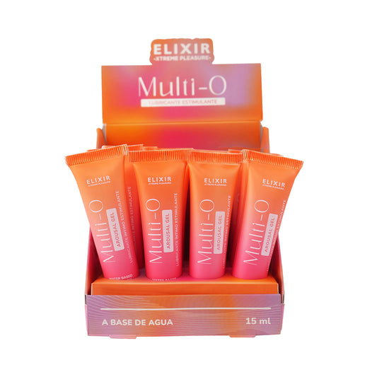 Exhibidor con varias unidades del Gel Lubricante Multi O Elixir, mostrando su presentación vibrante y colorida en un empaque de 15 ml.