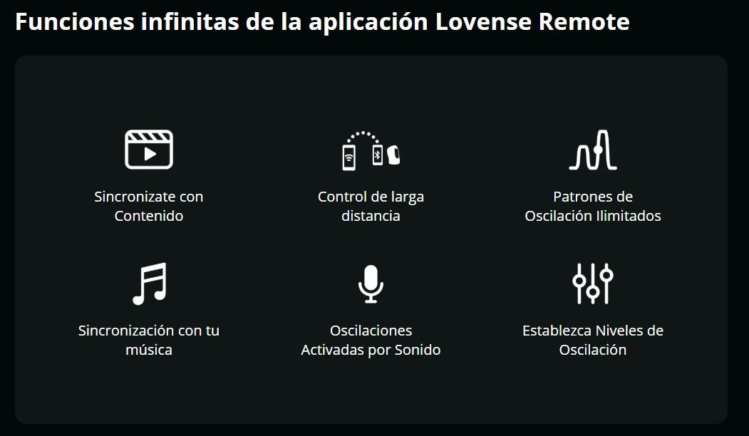 Características de la aplicación Lovense Remote, mostrando opciones de control de larga distancia, sincronización con música y más.