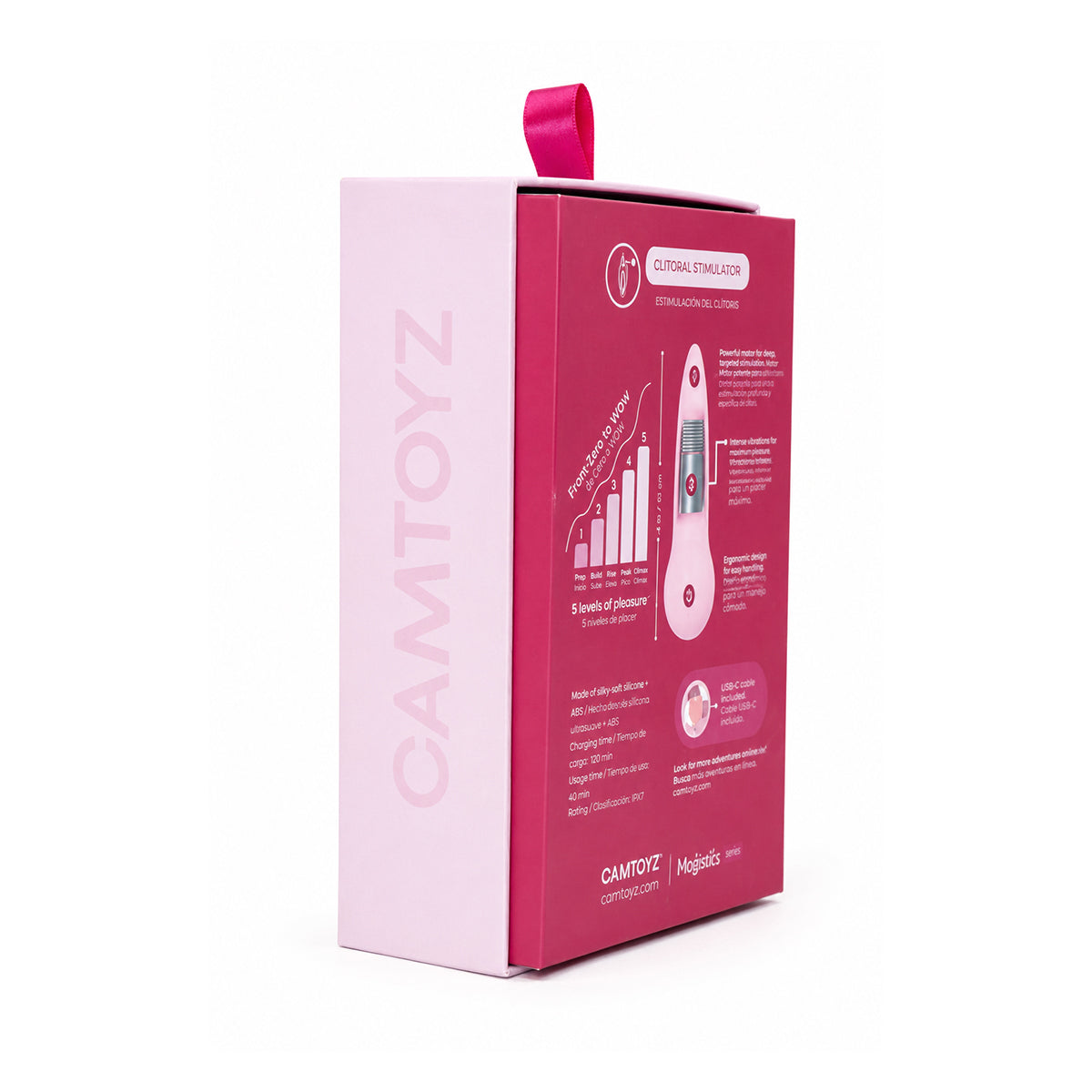 Bala vibradora rosa HyperBullet Camtoyz de 10 cm junto a su caja, con diseño ergonómico, control por app y motor de alta intensidad.