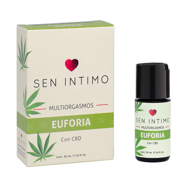 Lubricante íntimo Multiorgasmos Euforia Sen Intimo con CBD, mostrando su presentación en frasco y caja de 30 ml. Ideal para intensificar la lubricación y el placer en la intimidad.