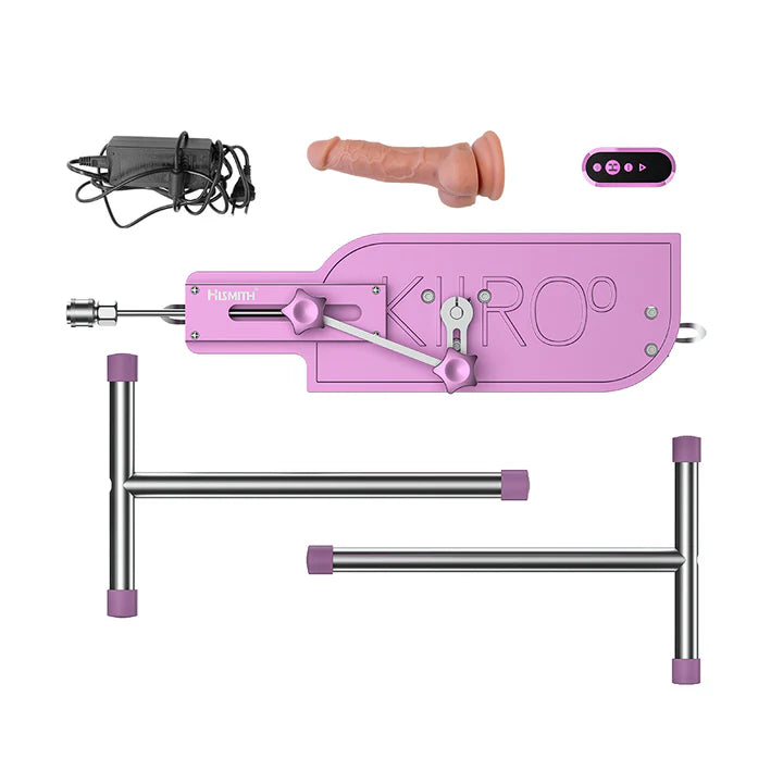 Máquina sexual Kiiroo Pleasure Drive con accesorios incluidos: dildo, control remoto y cargador.