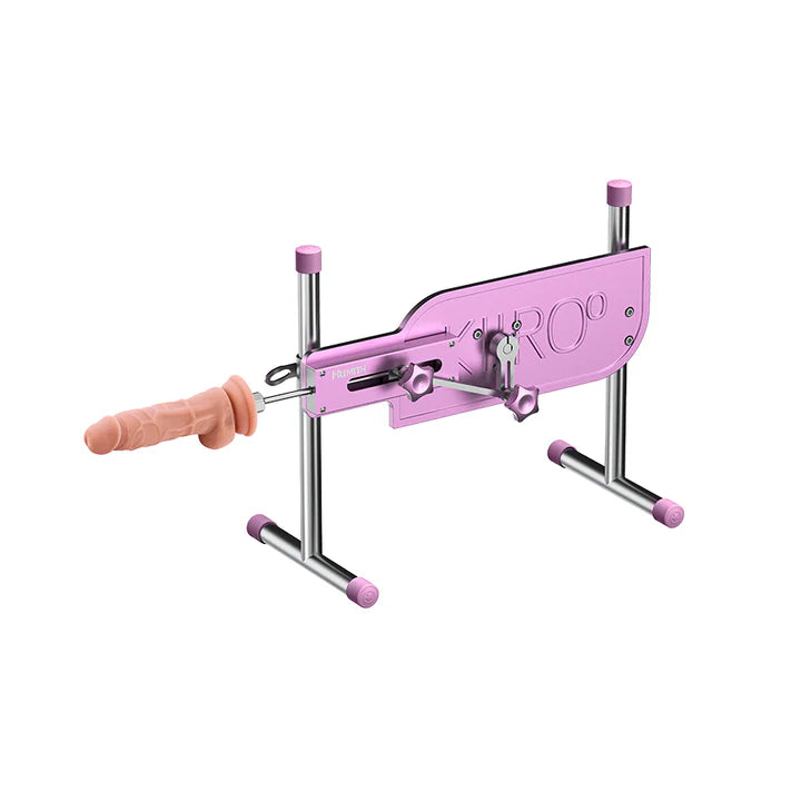 Máquina sexual Pleasure Drive Kiiroo con dildo de silicona instalado lista para penetración.