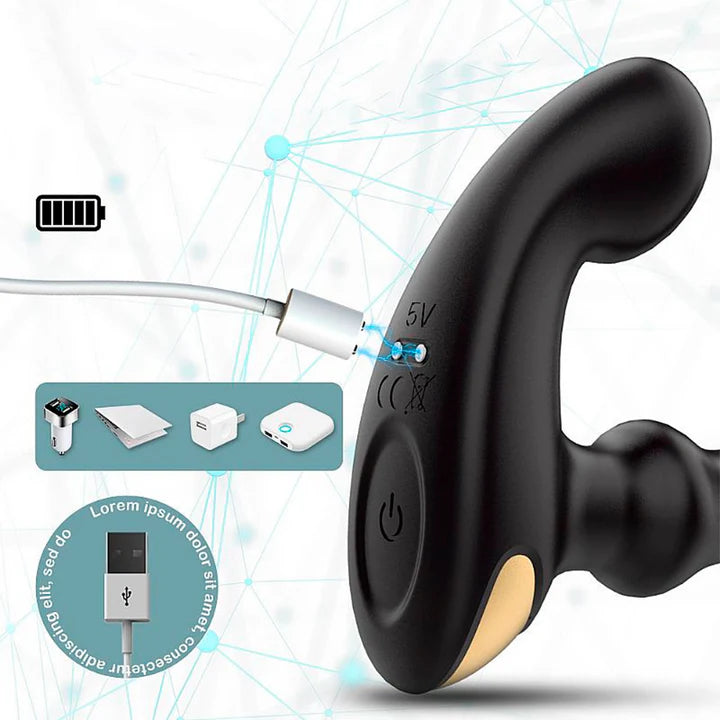 Masajeador prostático recargable con cable USB magnético, batería interna y carga rápida segura.