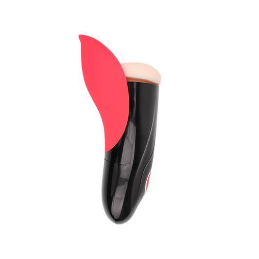 Vista lateral del masturbador Buster con cubierta roja abierta. Diseño ergonómico y moderno en color negro con detalles en rojo.