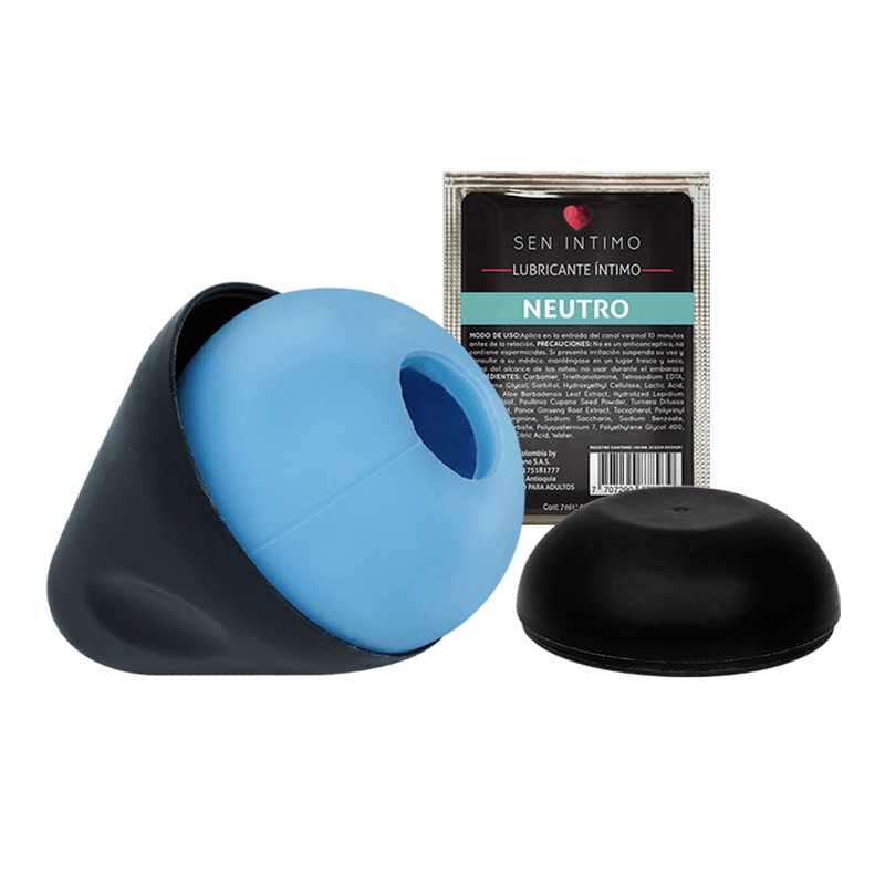 Masturbador Genesys Surf con su estuche protector negro y sachet de lubricante neutro incluido.