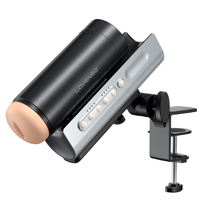 Lovense Solace Pro ajustado en su soporte de escritorio, con diseño robusto y controles integrados para facilidad de uso.