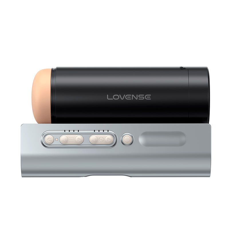 Vista lateral del Lovense Solace Pro, mostrando su elegante diseño en negro y plateado con controles accesibles.