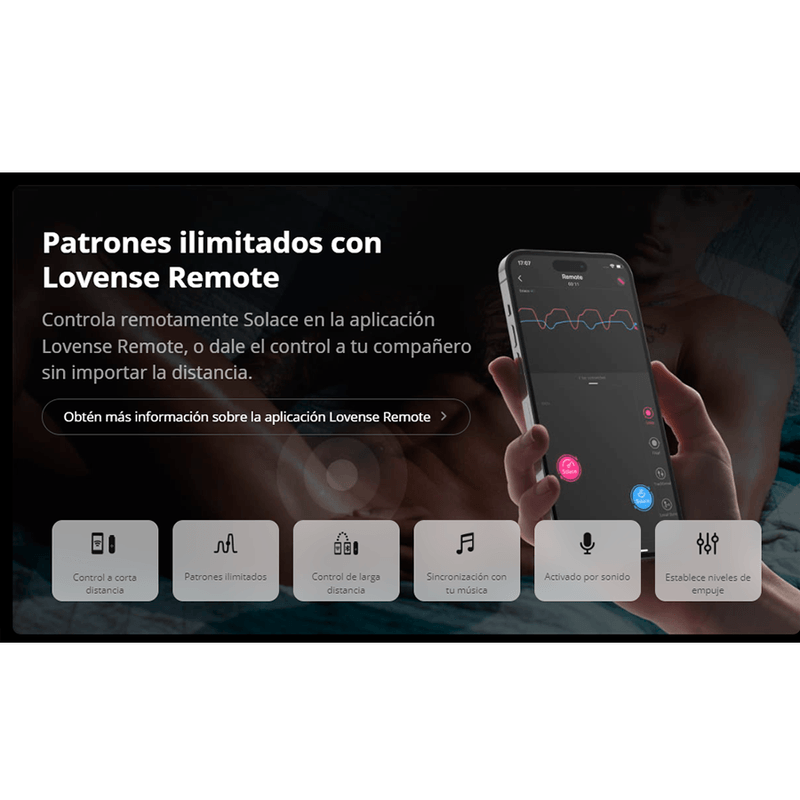 Captura de la aplicación Lovense Remote mostrando los patrones de vibración personalizables del Masturbador Solace. Control total a distancia o por música.