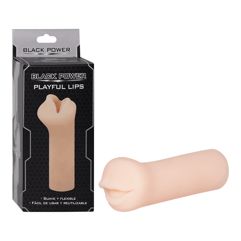 Masturbador masculino Labios Juguetones junto a su empaque. Diseño en color piel con entrada en forma de boca para una experiencia realista.