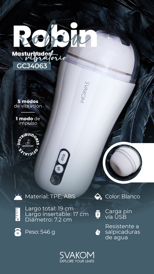Ficha técnica del Masturbador Robin Blanco. Información sobre materiales, dimensiones, modos de vibración y carga USB.