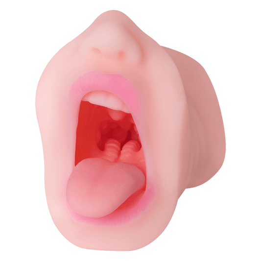 Primer plano del orificio en forma de boca del masturbador Sucker Milk. Diseño detallado con lengua y textura interna realista.