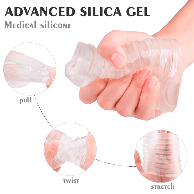 Flexibilidad del material de silicona médica, mostrando cómo el masturbador puede estirarse y torcerse.