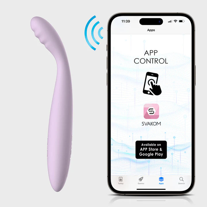 Vibrador Cici 2 junto a un teléfono móvil con la app SVAKOM abierta, mostrando el control por app.