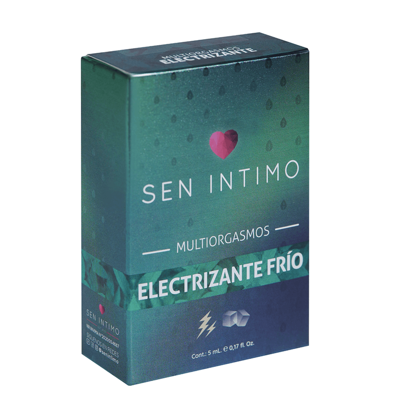 Caja del vibrador líquido electrizante frío Sen Íntimo de 5 ml con descripción de sus beneficios. Ideal para intensificar el placer con una sensación fría y vibrante.