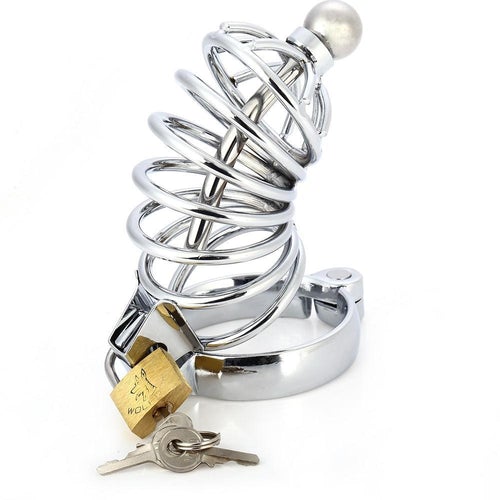 jaula de metal con sonda uretral para castigos bondage