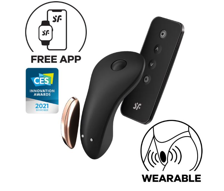 La imagen muestra el juguete sexual Satisfyer Little Secret con su mando a distancia. Se destacan las características de la aplicación gratuita asociada, la capacidad de llevar el dispositivo y la mención de un premio de innovación.