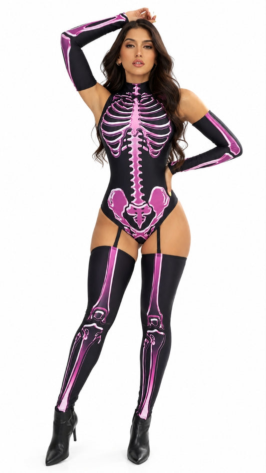 DISFRAZ SEXY HONEY BONES CON DISEÑO DE ESQUELETO ROSA NEÓN