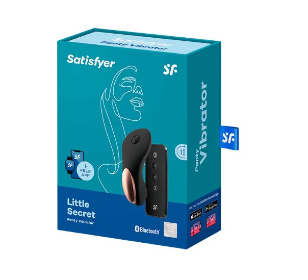 Imagen de la caja de venta del Satisfyer Little Secret, mostrando el vibrador y el control remoto, junto con iconos de las características clave como la aplicación gratuita y la resistencia al agua.