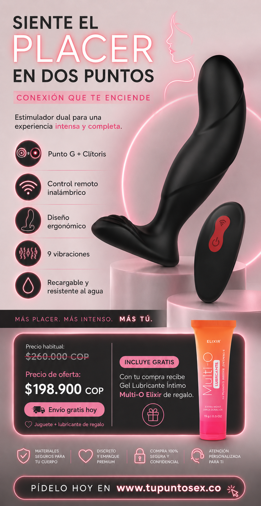 Masajeador Íntimo Unisex Laken-RCT Punto G, Clítoris, Próstata y Perineo