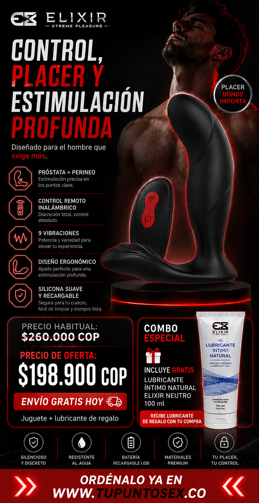 Masajeador Íntimo Unisex Laken-RCT Punto G, Clítoris, Próstata y Perineo