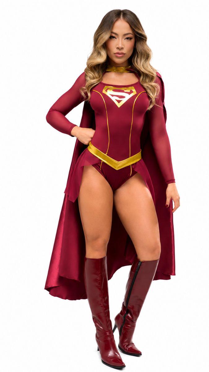 DISFRAZ CHICA DE ACERO VINOTINTO CON CAPA LARGA