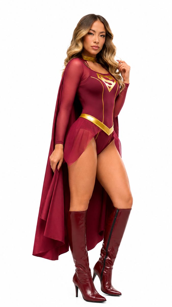 DISFRAZ CHICA DE ACERO VINOTINTO CON CAPA LARGA