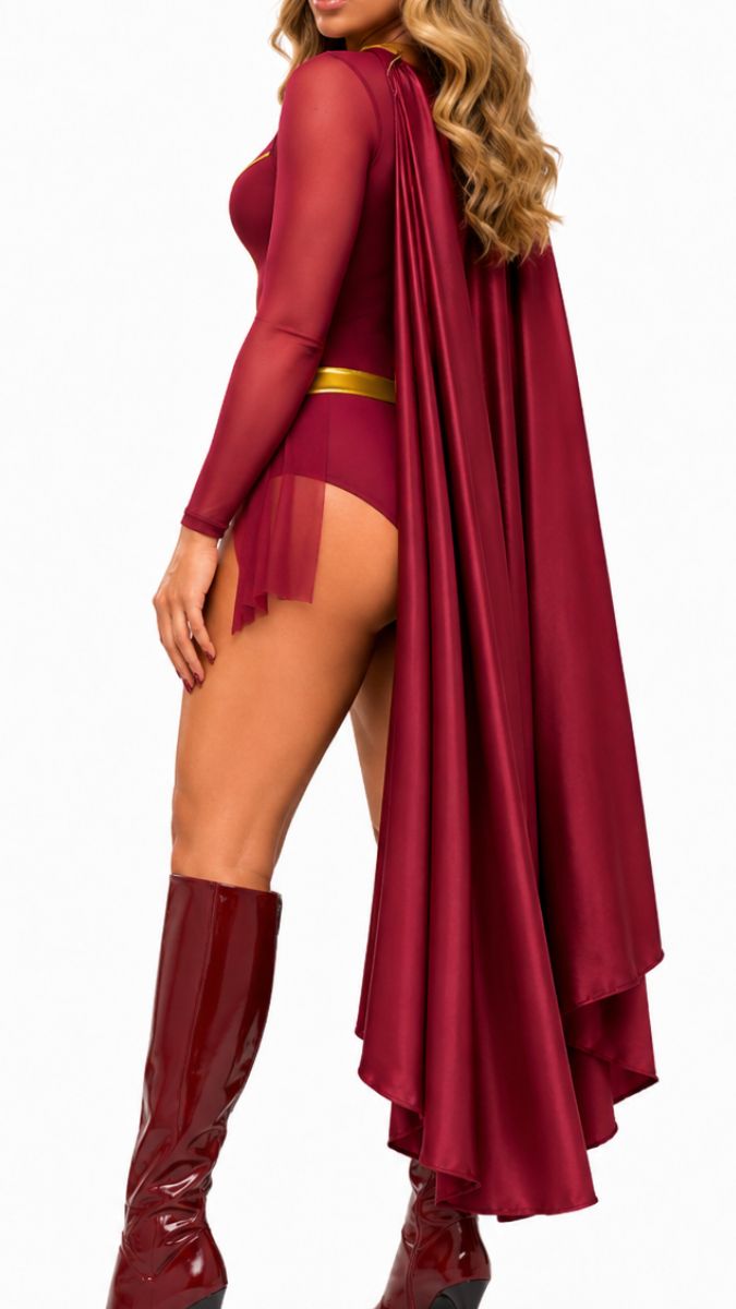 DISFRAZ CHICA DE ACERO VINOTINTO CON CAPA LARGA
