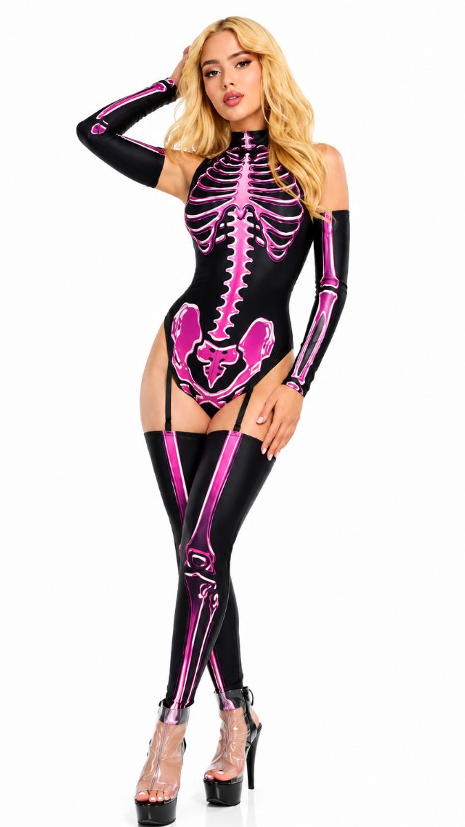 DISFRAZ SEXY HONEY BONES CON DISEÑO DE ESQUELETO ROSA NEÓN