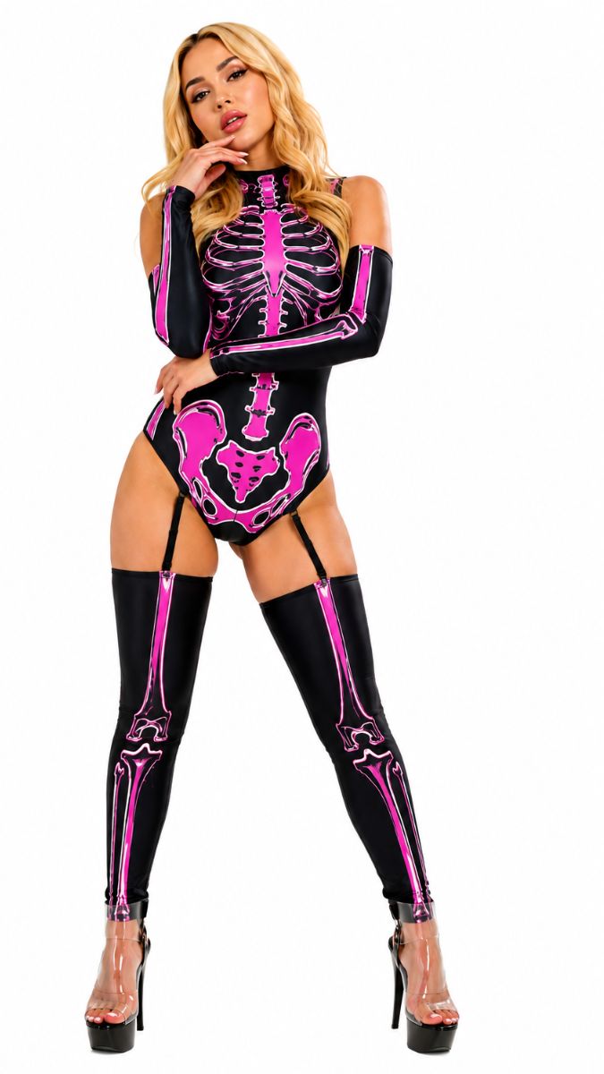 DISFRAZ SEXY HONEY BONES CON DISEÑO DE ESQUELETO ROSA NEÓN
