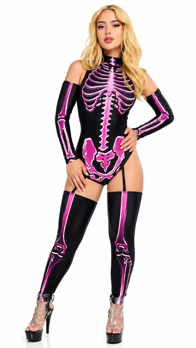 DISFRAZ SEXY HONEY BONES CON DISEÑO DE ESQUELETO ROSA NEÓN