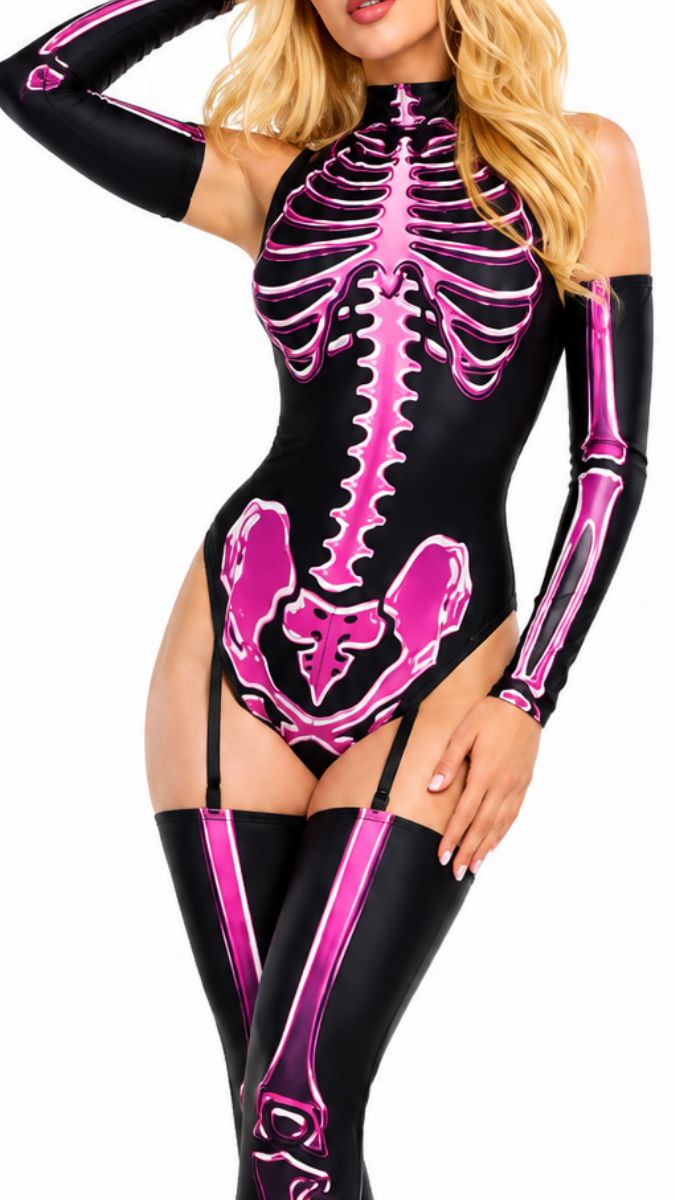 DISFRAZ SEXY HONEY BONES CON DISEÑO DE ESQUELETO ROSA NEÓN
