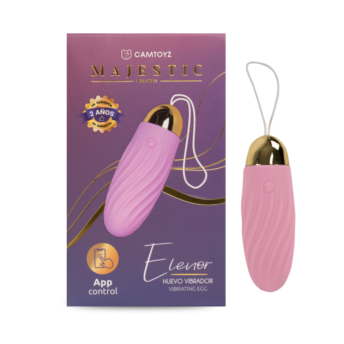 Lado de la caja del Huevo vibrador Elenor Majestic Rosado mostrando íconos de características como USB recargable, 120 minutos de carga, 60 minutos de vibraciones divertidas y control por app con los logos de Google Play y App Store
