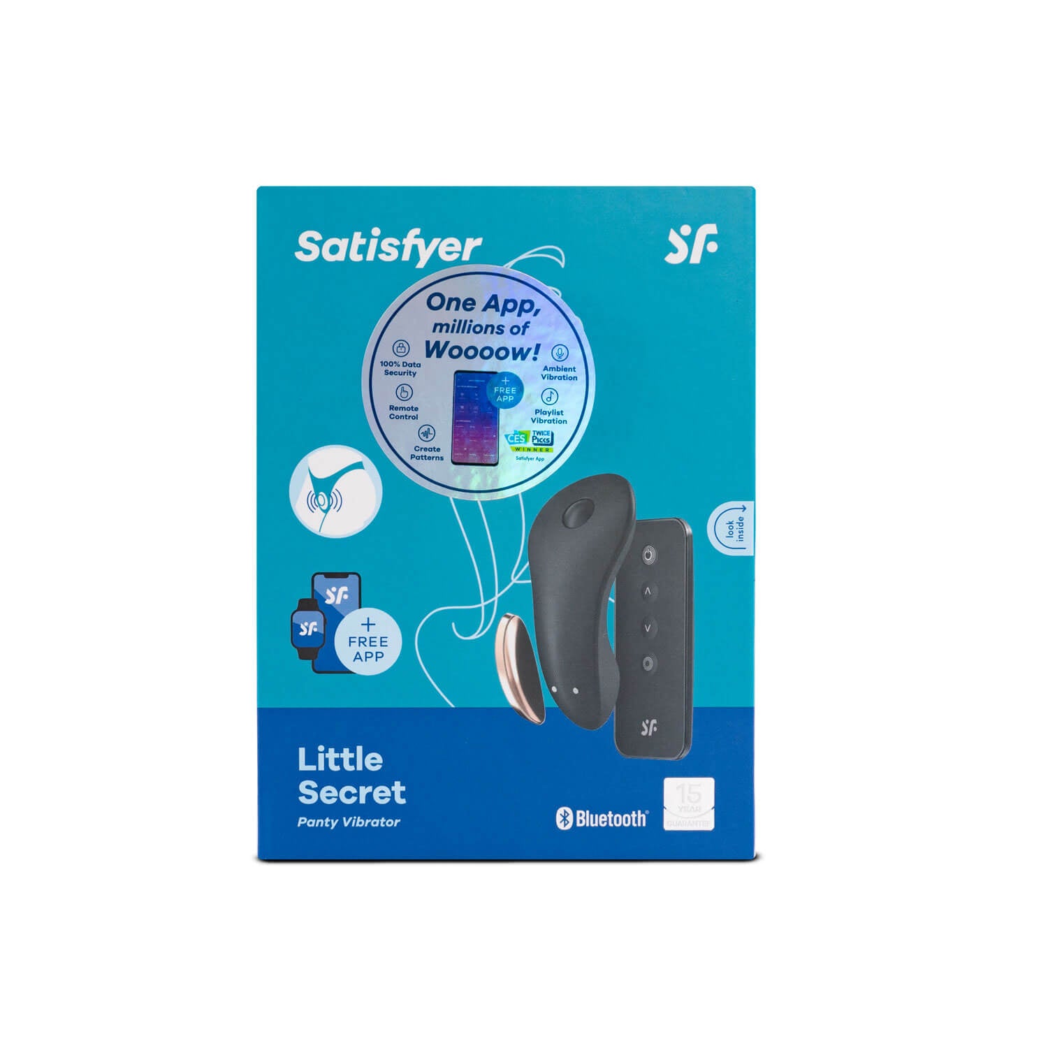 Imagen de la caja de venta del Satisfyer Little Secret, que enfatiza las diversas funciones conectables mediante la aplicación, mostrando también el dispositivo y el control remoto.