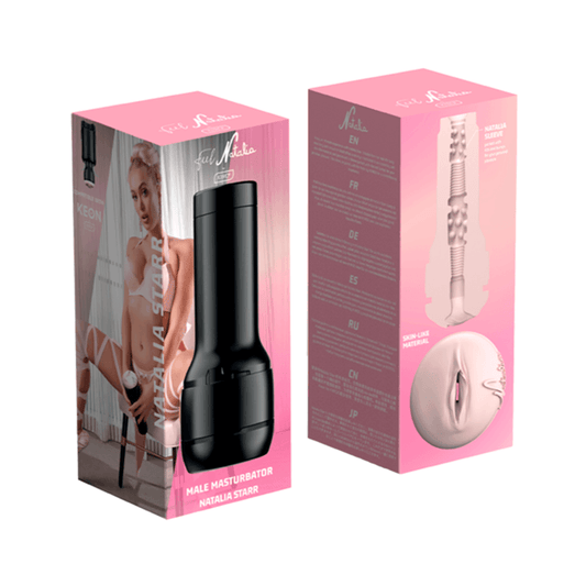 Caja del Masturbador Masculino Feel Natalia Starr, con diseño en tonos rosados y la imagen de la actriz Natalia Starr. Se muestra el masturbador negro y detalles sobre su compatibilidad con KEON by KIIROO.