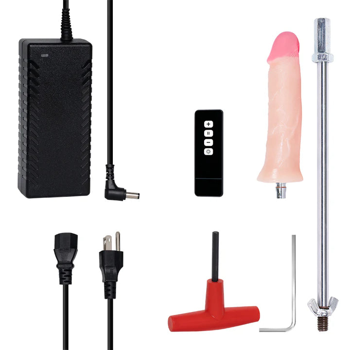 Accesorios de la máquina sexual Astroboy: control remoto, cargador, cables, dildo, ejes de conexión y herramientas de ensamblaje.
