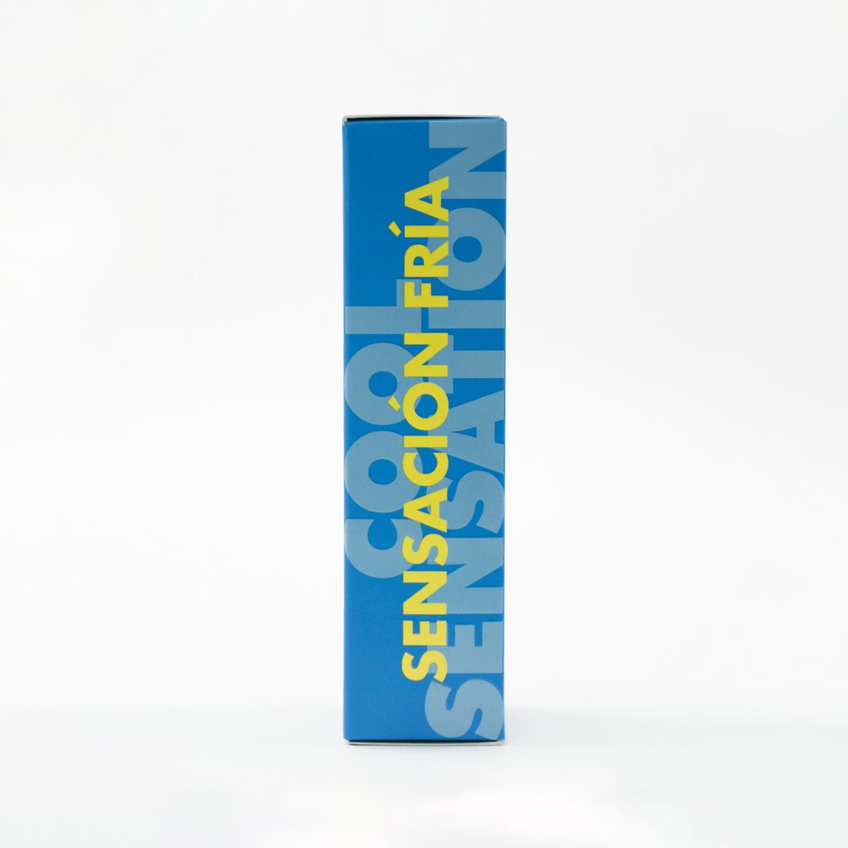 Lateral de la caja del lubricante Elixir Cool Sensation con texto “sensación fría” en azul y amarillo.