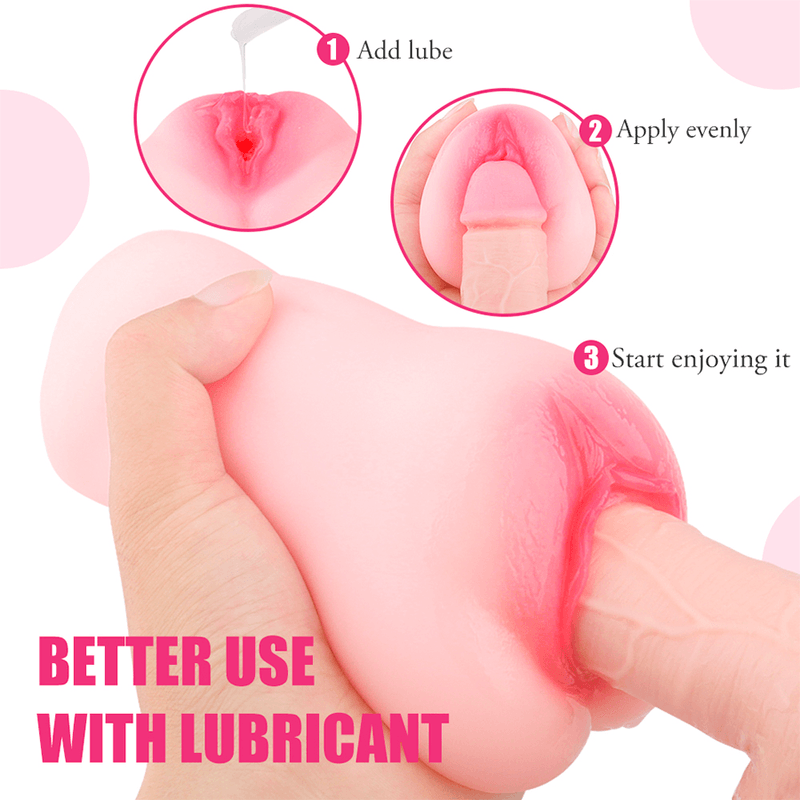 Instrucciones de uso del masturbador, mostrando cómo aplicar lubricante y usarlo correctamente para una experiencia más placentera.