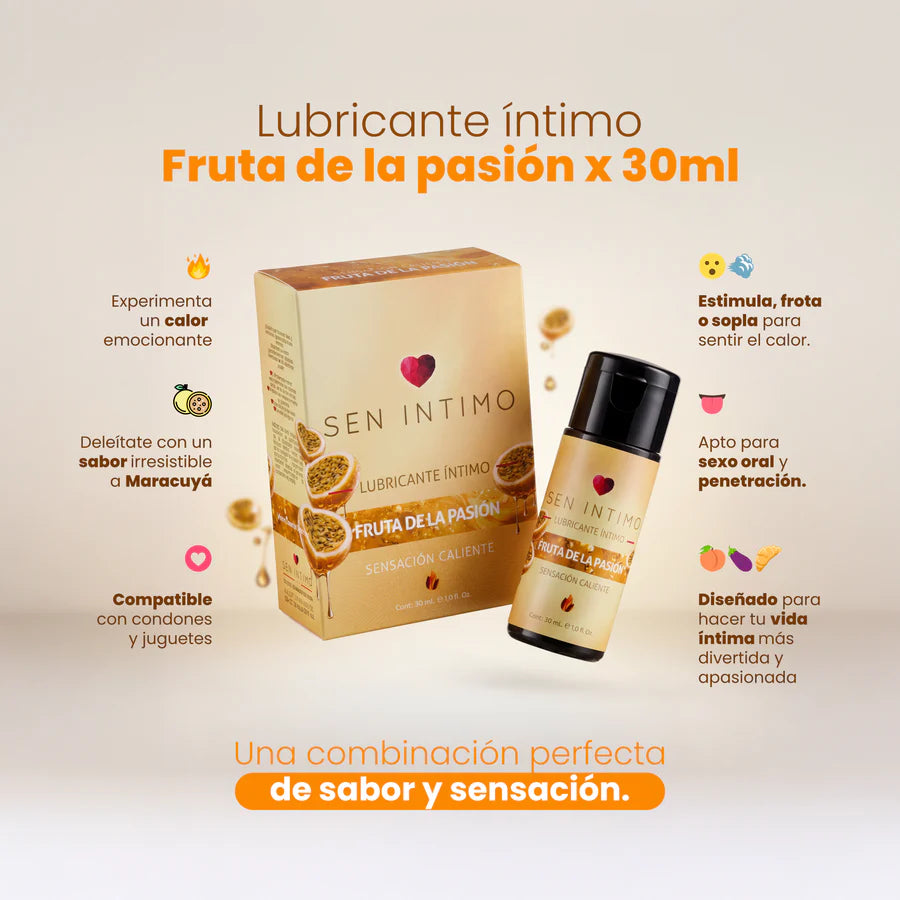 Infografía del lubricante íntimo fruta de la pasión 30 ml con sabor maracuyá, efecto caliente y compatibilidad con preservativos.
