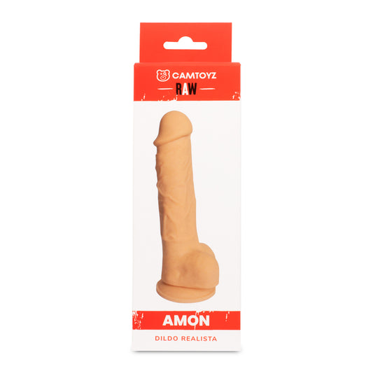 Caja del dildo realista Amon de 18 cm de Camtoyz, mostrando el juguete con diseño anatómico y textura natural.
