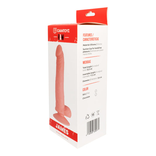 Caja del Dildo Realista James de Camtoyz mostrando características, medidas y materiales en varios idiomas.