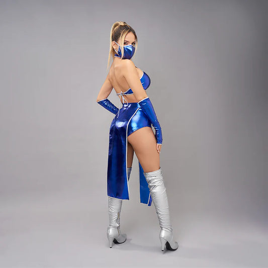 Vista trasera del disfraz Kitana en color azul metálico con detalles brillantes y diseño ajustado.